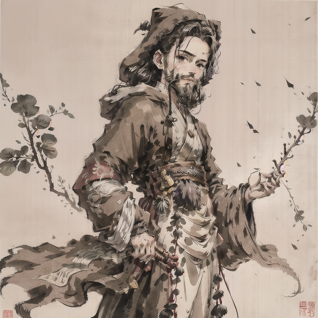 06431-1540548810-shukezouma,negative space,shuimobysim,,(masterpiece_1.5),(best quality_1.5),1man,male focus,facial hair,holding,beard,hood,staff.png